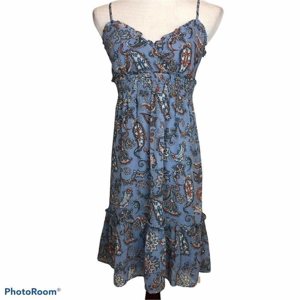 Esprit Blue Orange Paisley Summer Dress Ruffle Trim Spaghetti Straps US 6 NWT